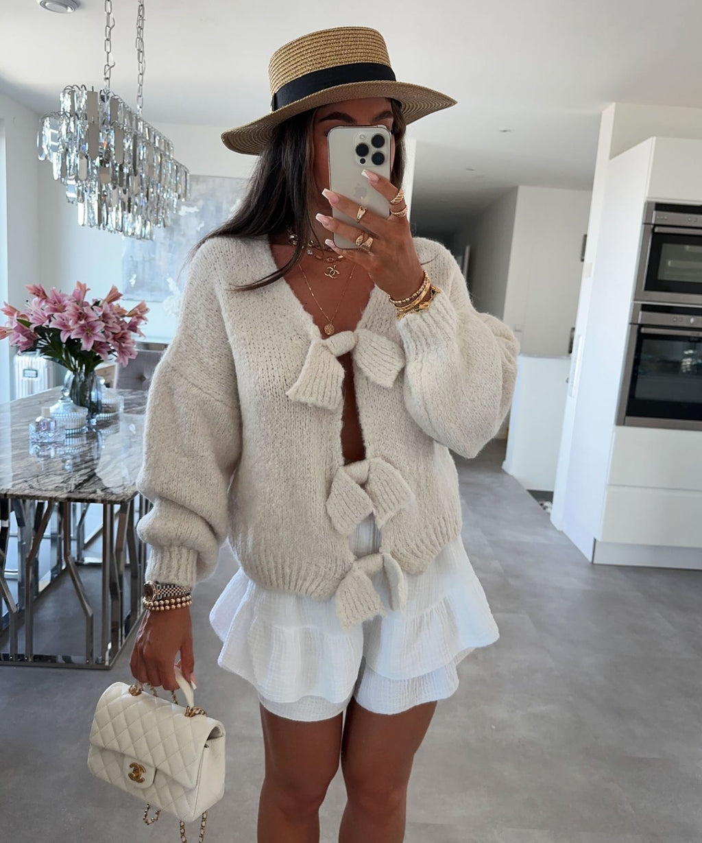 Ribbon Fastened Puff Sleeve Knit Sweater - Offwhite - 3