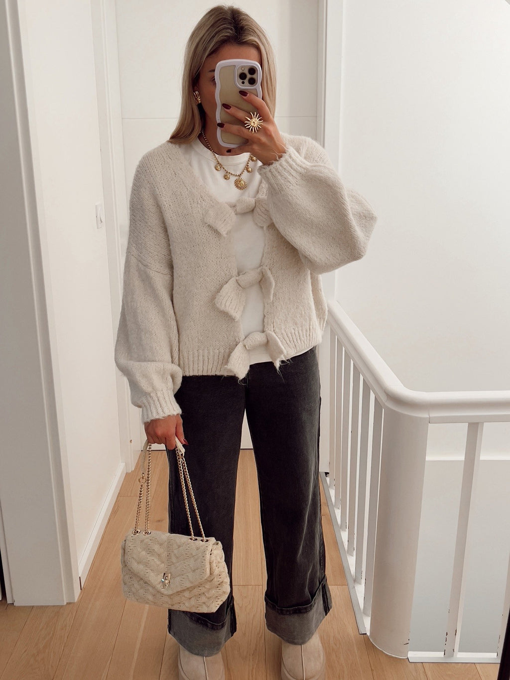 Ribbon Fastened Puff Sleeve Knit Sweater - Offwhite - 5