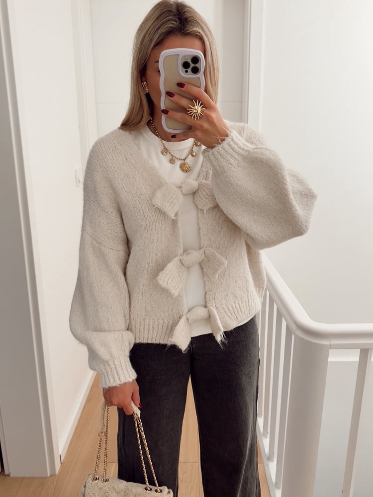Ribbon Fastened Puff Sleeve Knit Sweater - Offwhite - 6