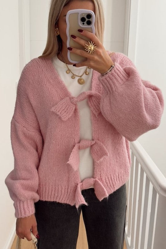 Ribbon Fastened Puff Sleeve Knit Sweater - Pink