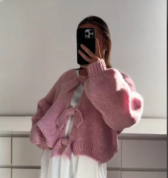 Ribbon Fastened Puff Sleeve Knit Sweater - Pink - 2