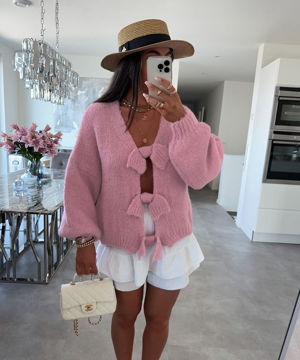 Ribbon Fastened Puff Sleeve Knit Sweater - Pink - 4