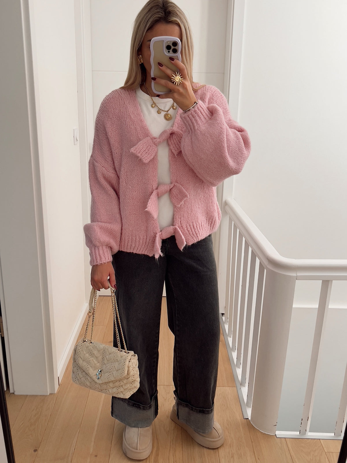 Ribbon Fastened Puff Sleeve Knit Sweater - Pink - 5