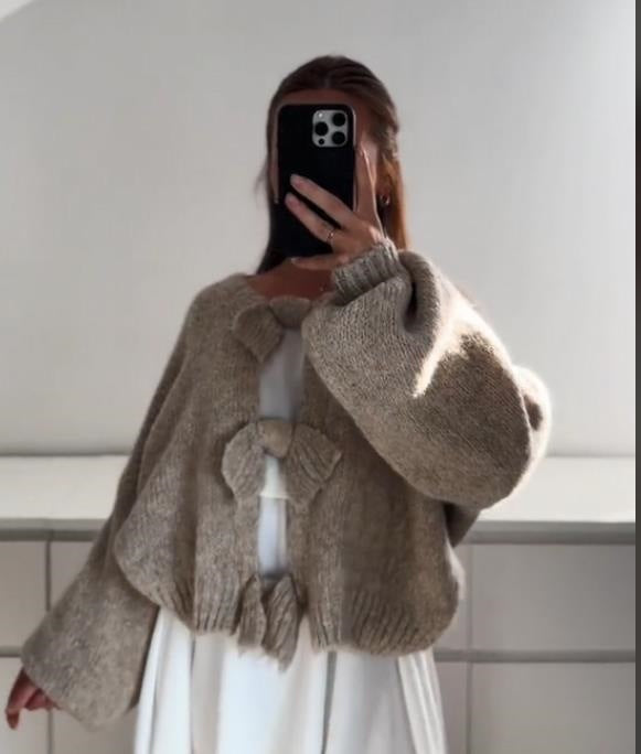 Ribbon Fastened Puff Sleeve Knit Sweater - Taupe - 2