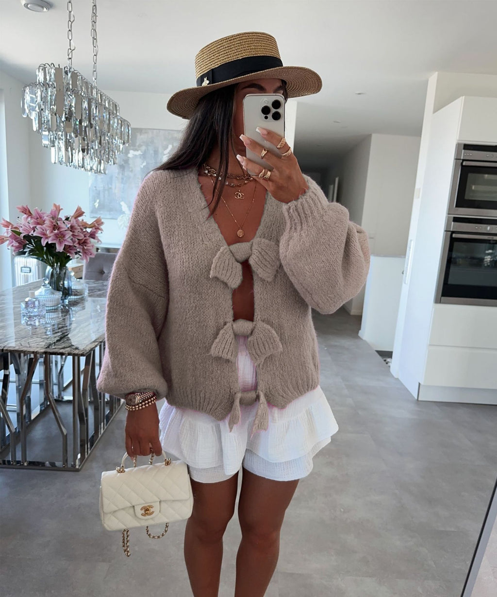 Ribbon Fastened Puff Sleeve Knit Sweater - Taupe - 3