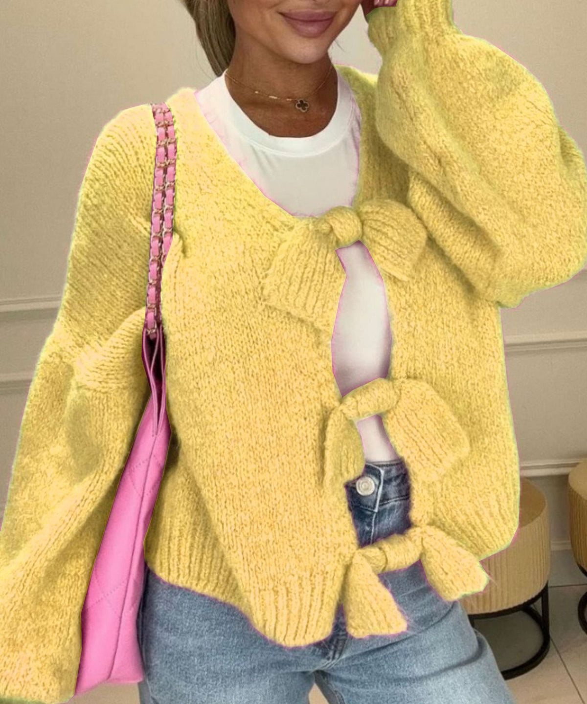 Ribbon Fastened Puff Sleeve Knit Sweater - yellow