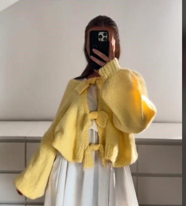 Ribbon Fastened Puff Sleeve Knit Sweater - yellow - 1