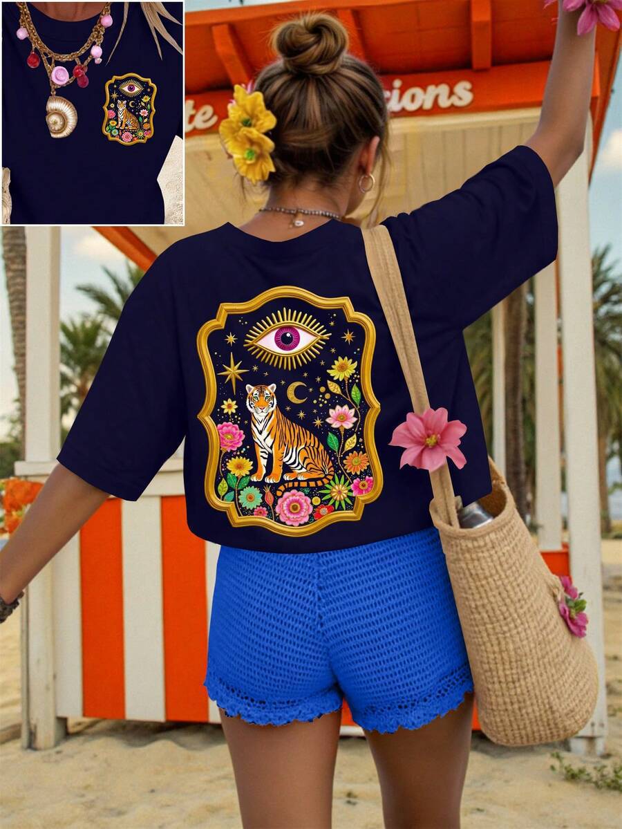 Mystic Tiger Floral Back Print Tee - Navy