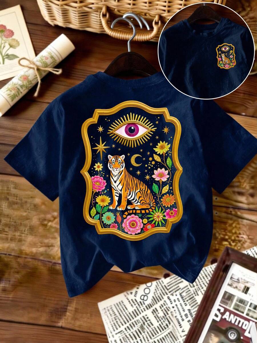 Mystic Tiger Floral Back Print Tee - Navy - 1