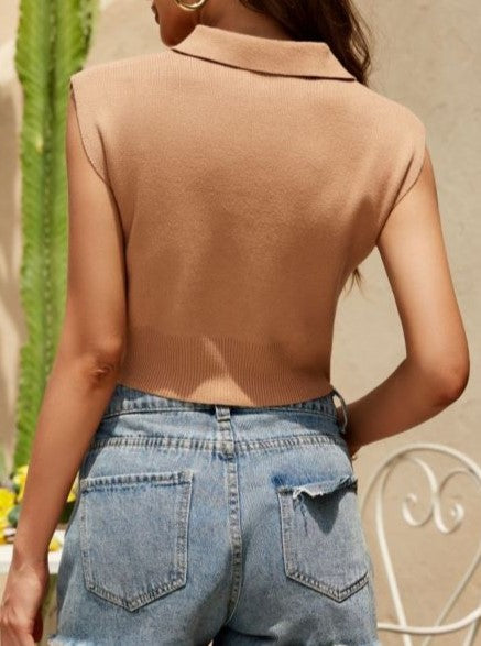 Ribbed Knit Polo Collar Crop Top - Brown - 1