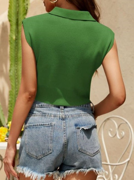Ribbed Knit Polo Collar Crop Top - Green - 1