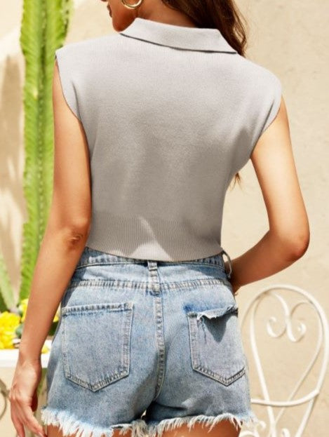 Ribbed Knit Polo Collar Crop Top - Grey - 1
