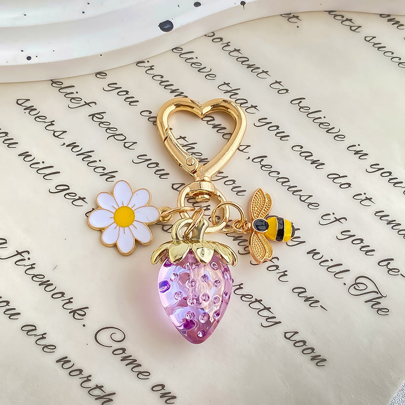 Jelly Strawberry Enamel Daisy Heart Clasp Keychain - Color_03