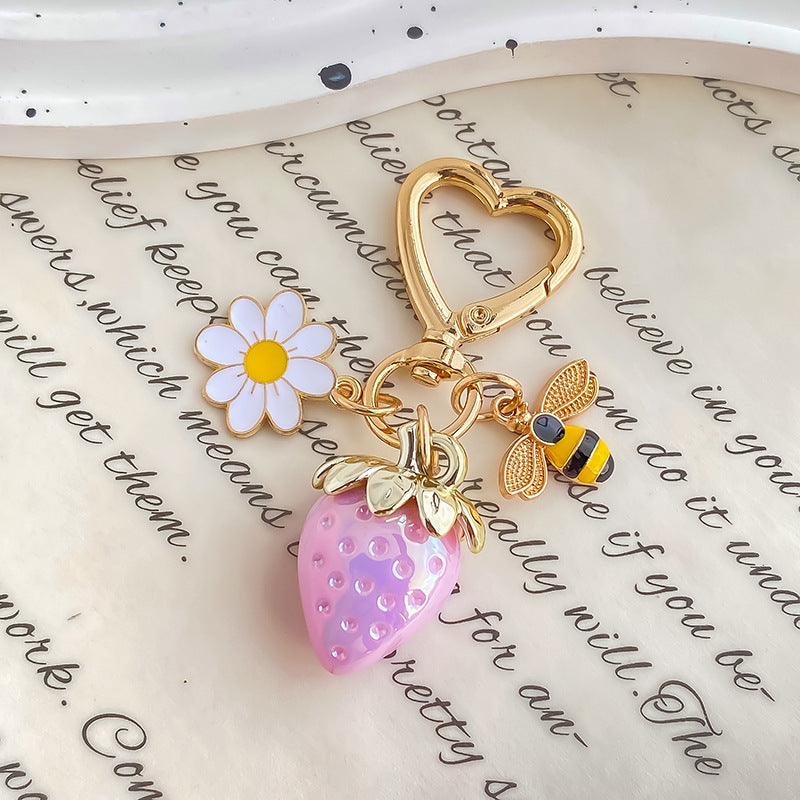Jelly Strawberry Enamel Daisy Heart Clasp Keychain - Color_06