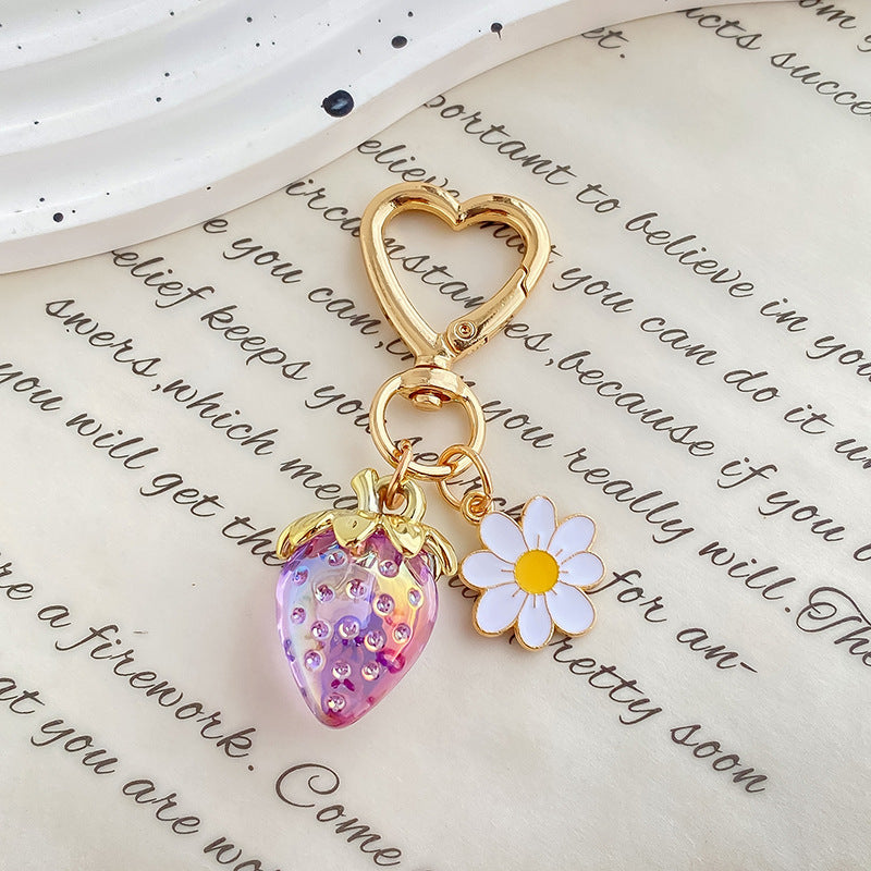 Jelly Strawberry Enamel Daisy Heart Clasp Keychain - Color_11