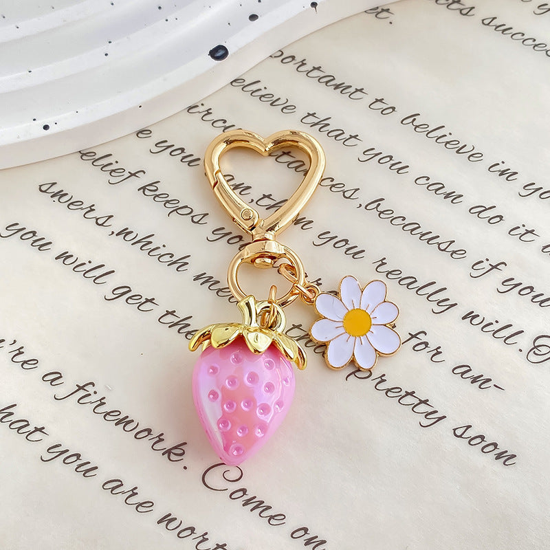 Jelly Strawberry Enamel Daisy Heart Clasp Keychain - Color_14