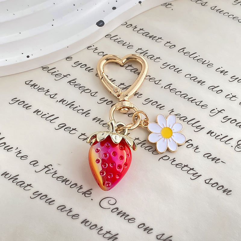 Jelly Strawberry Enamel Daisy Heart Clasp Keychain - Color_16