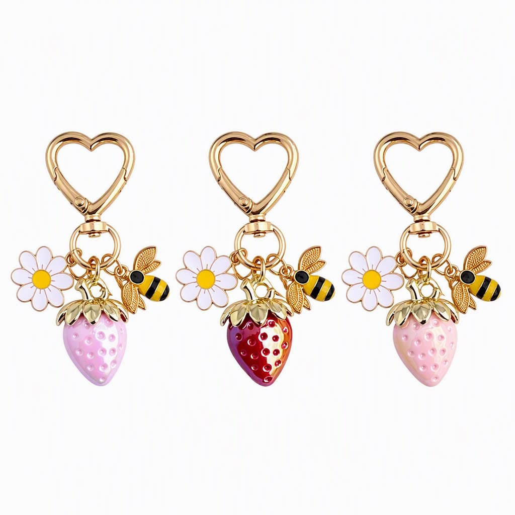 Jelly Strawberry Enamel Daisy Heart Clasp Keychain