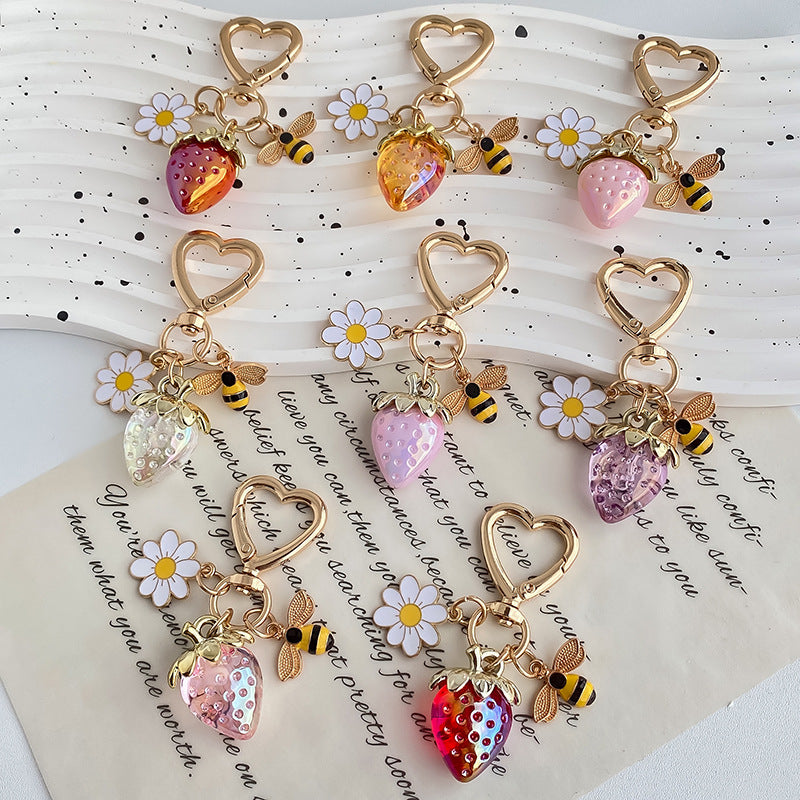 Jelly Strawberry Enamel Daisy Heart Clasp Keychain - view 1