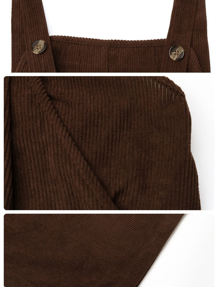 Corduroy Wide Leg Bib Overalls - Coffee - 2