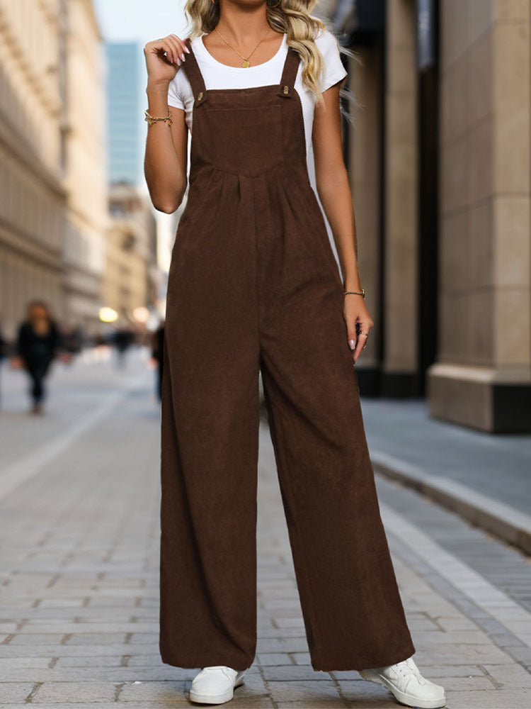 Corduroy Wide Leg Bib Overalls - Coffee - 3