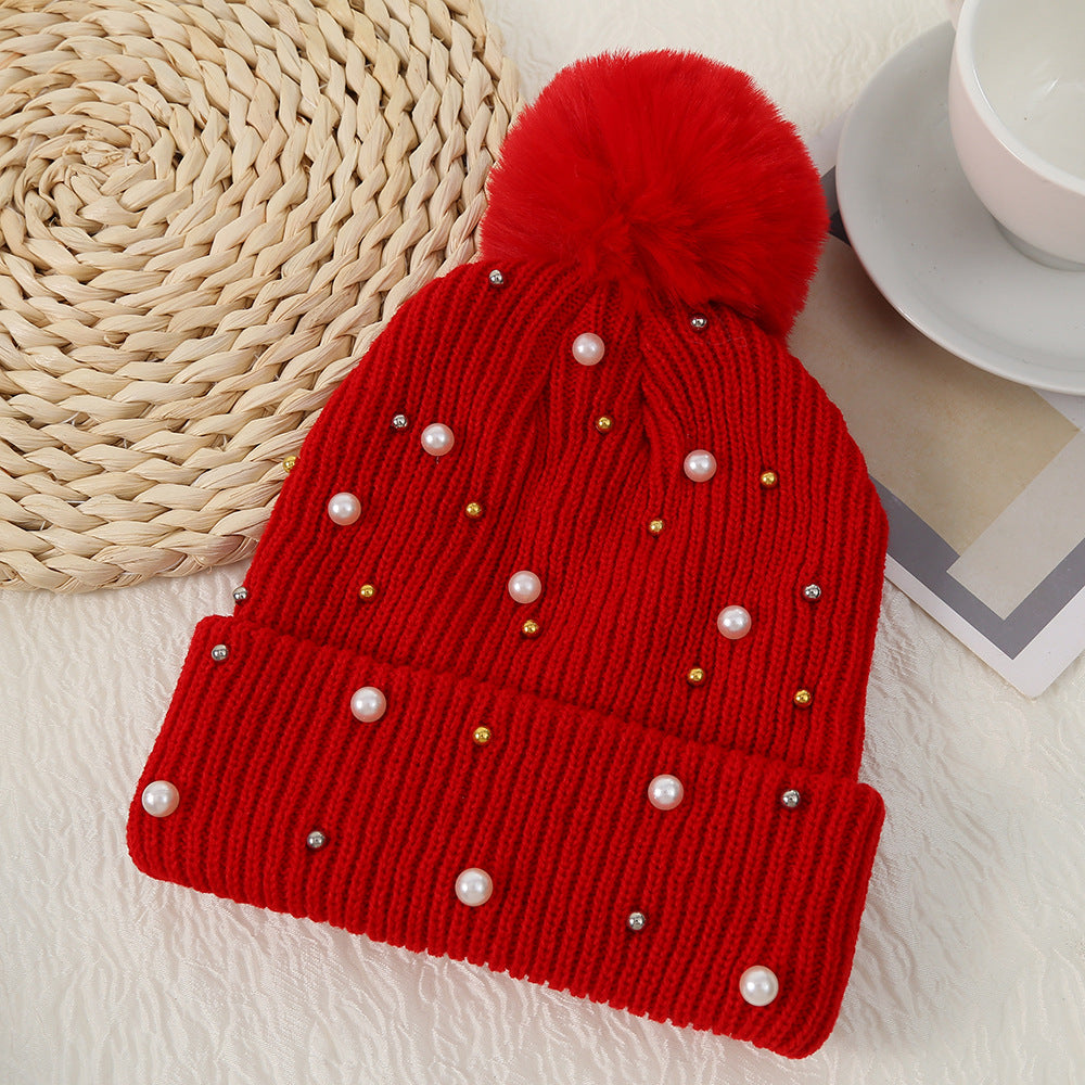 Pearl Embellished Pom Pom Knit Hat - Red