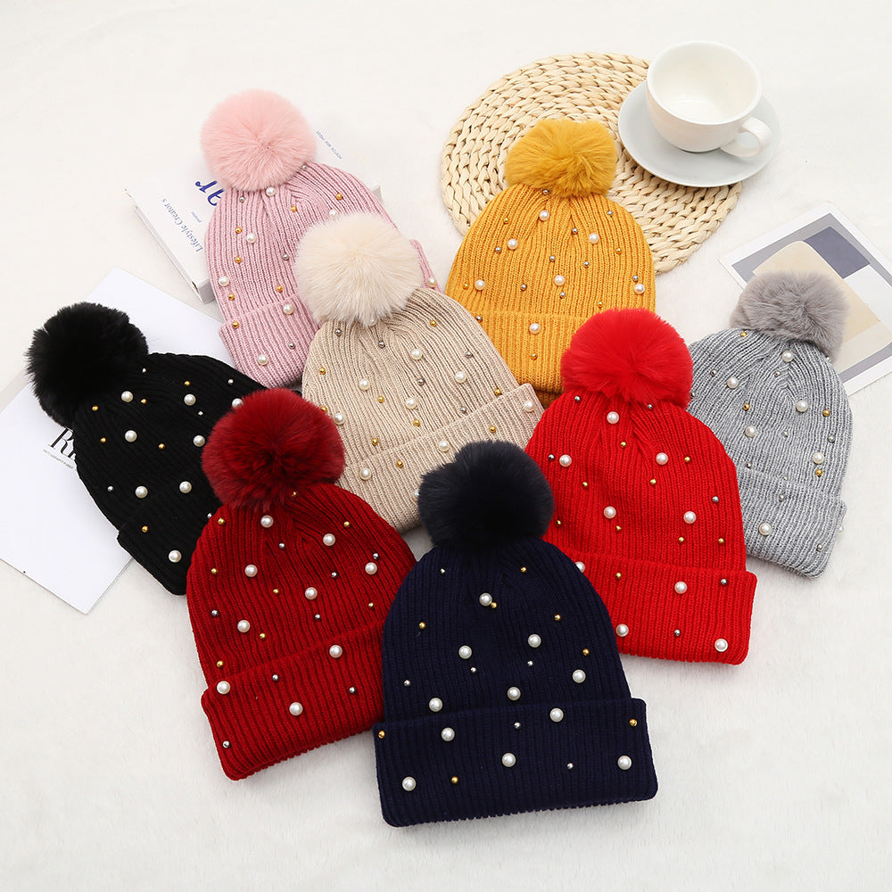 Pearl Embellished Pom Pom Knit Hat