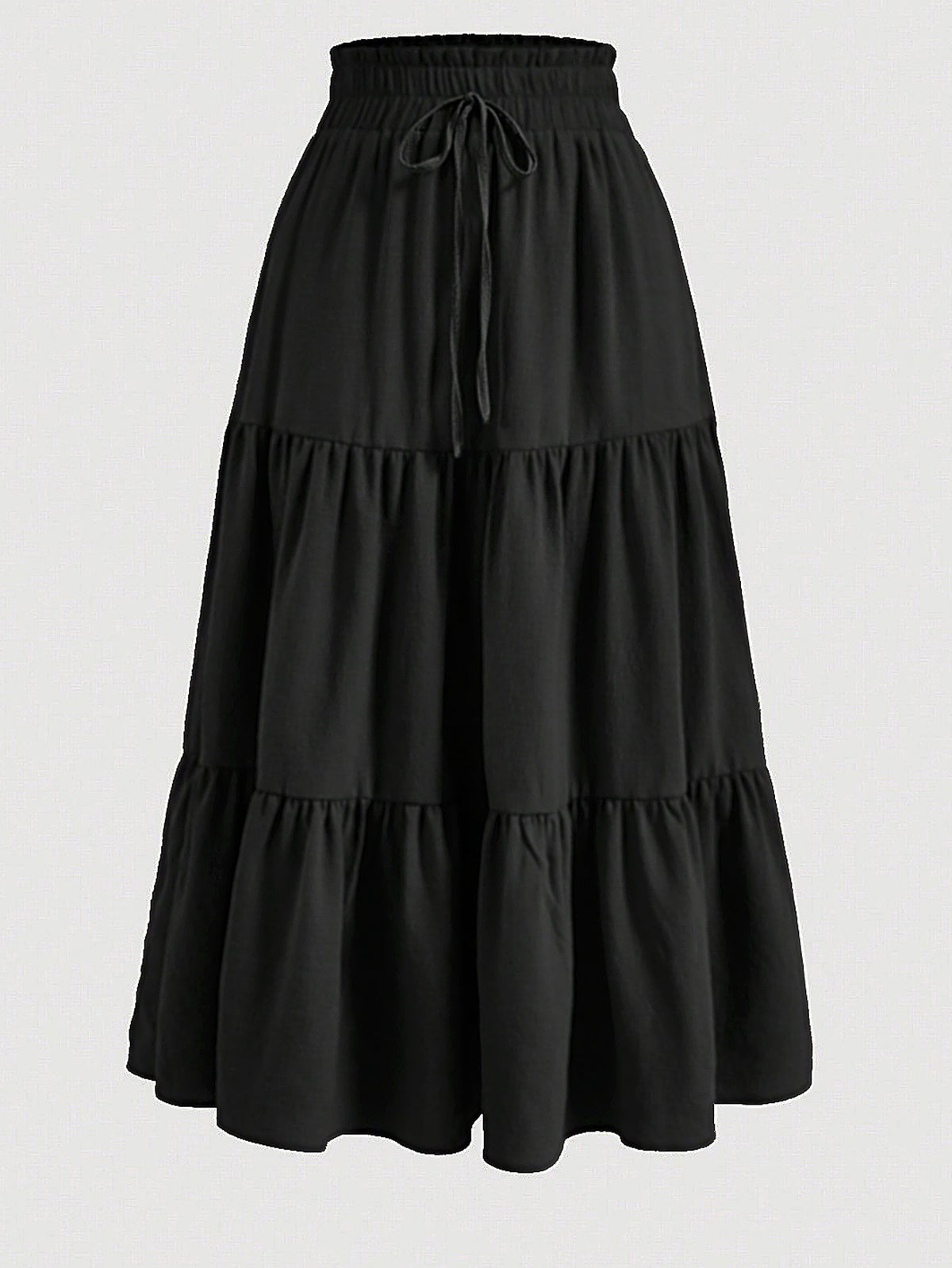 Drawstring Waist Tiered Maxi Skirt - Black