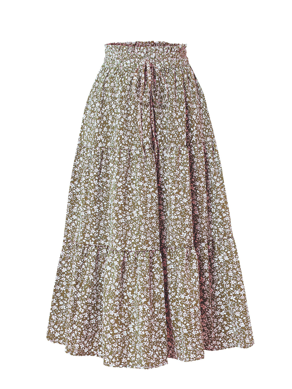 Drawstring Waist Tiered Maxi Skirt - Khaki_Flower