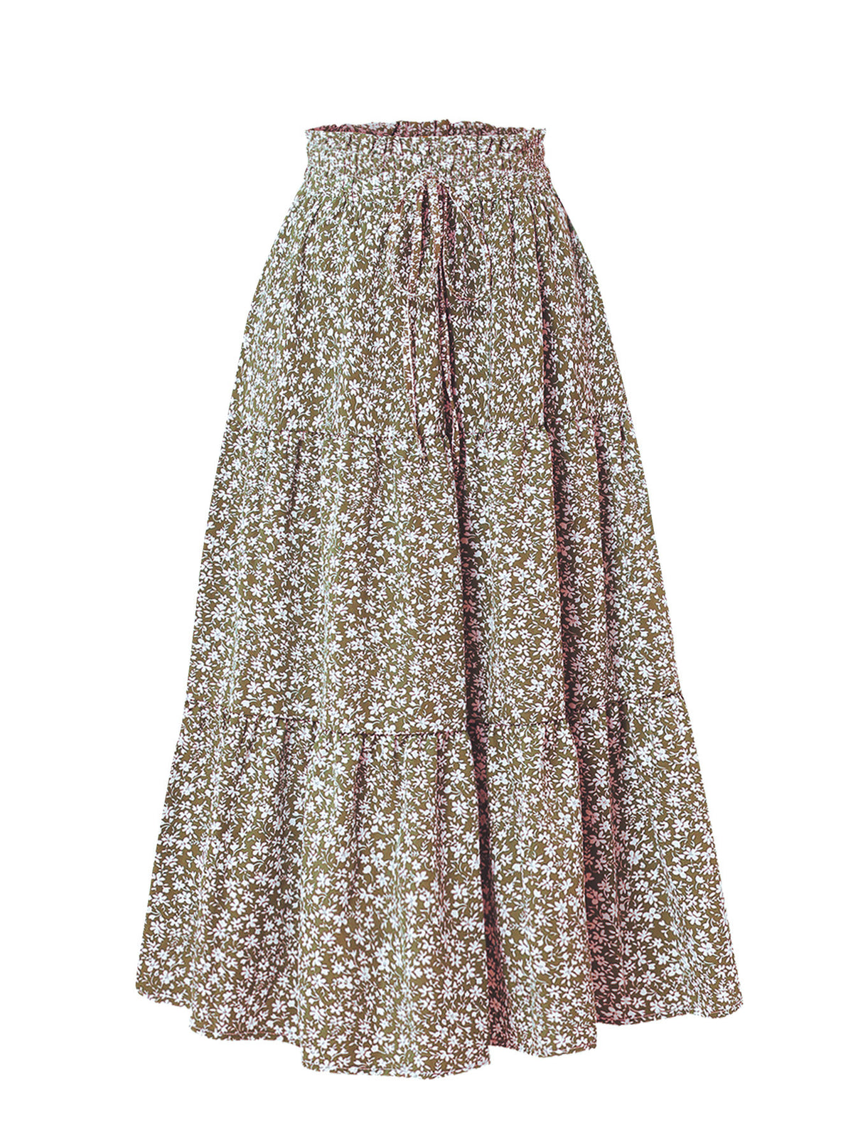 Drawstring Waist Tiered Maxi Skirt - Khaki_Flower