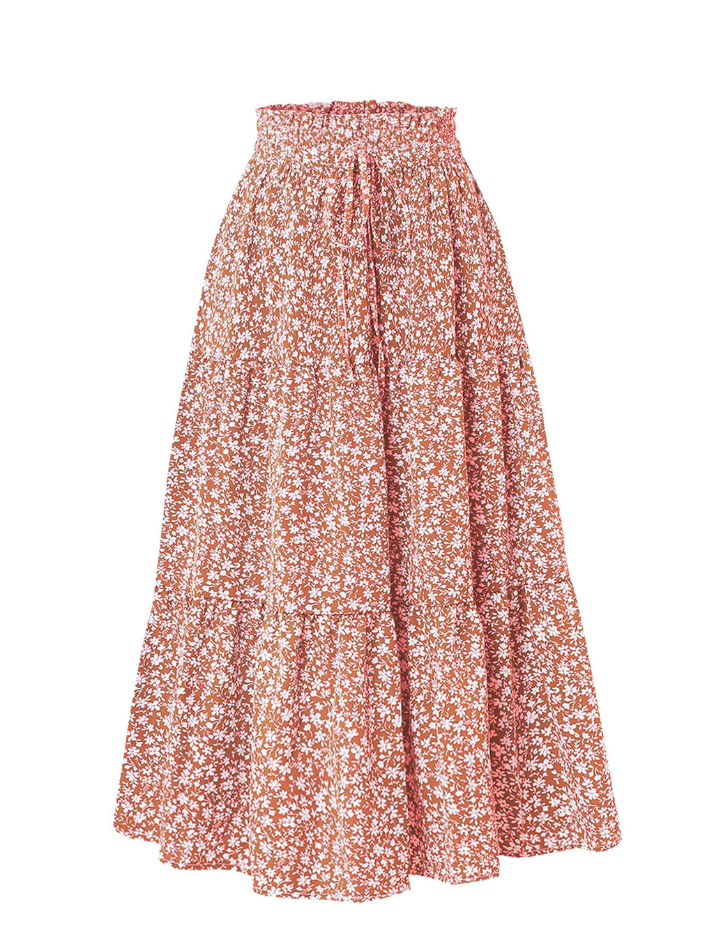 Drawstring Waist Tiered Maxi Skirt - Orange_Flower