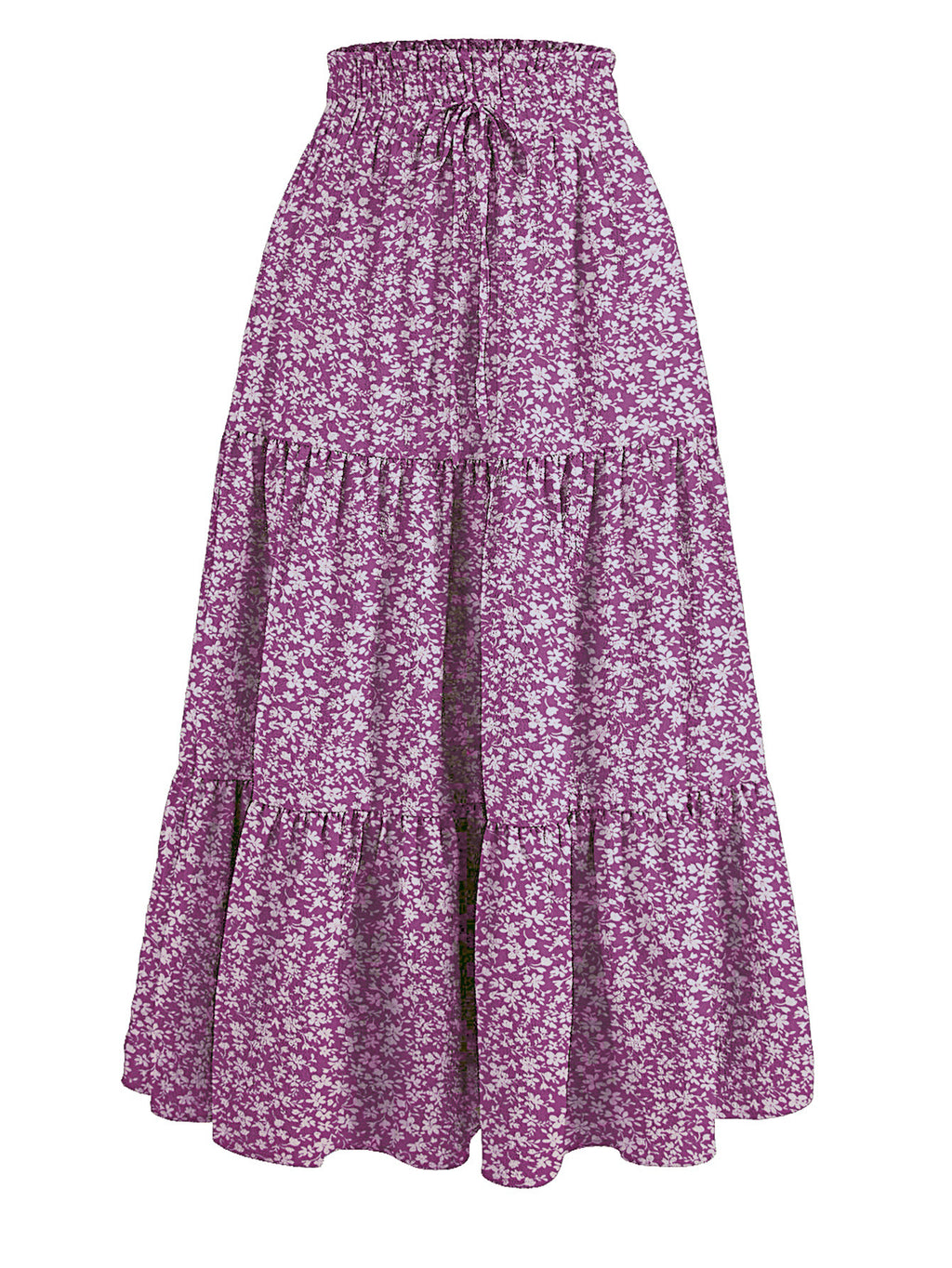 Drawstring Waist Tiered Maxi Skirt - Purple_Flower