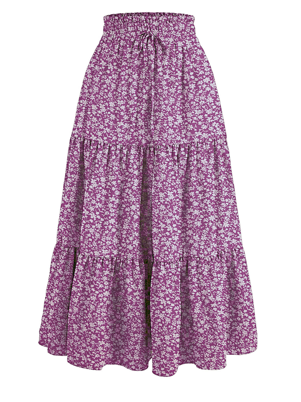 Drawstring Waist Tiered Maxi Skirt - Purple_Flower