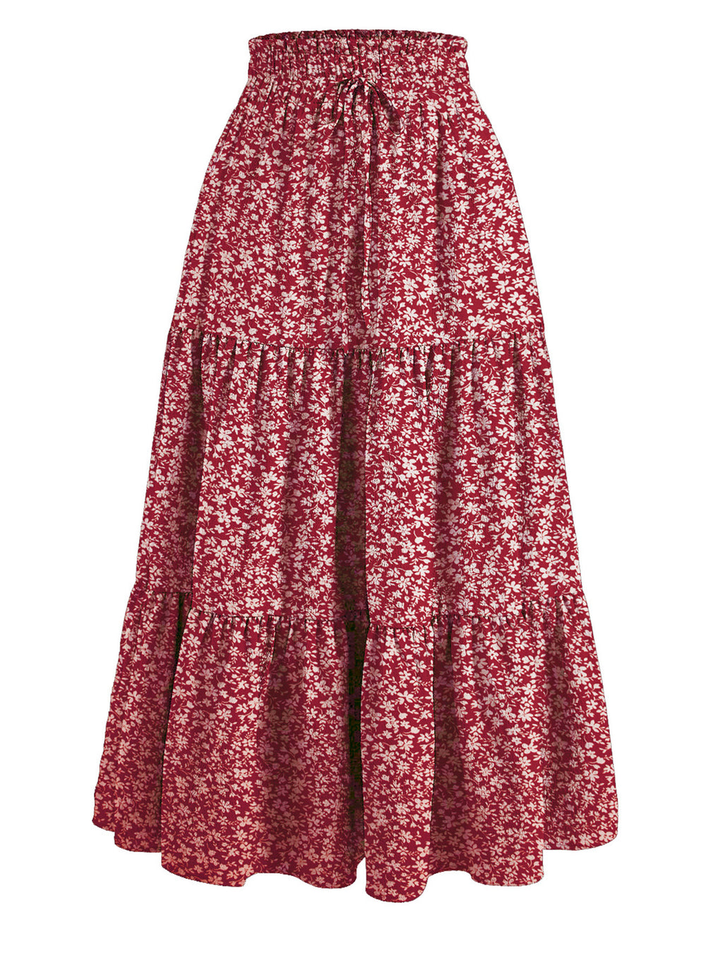 Drawstring Waist Tiered Maxi Skirt - Red_Flower