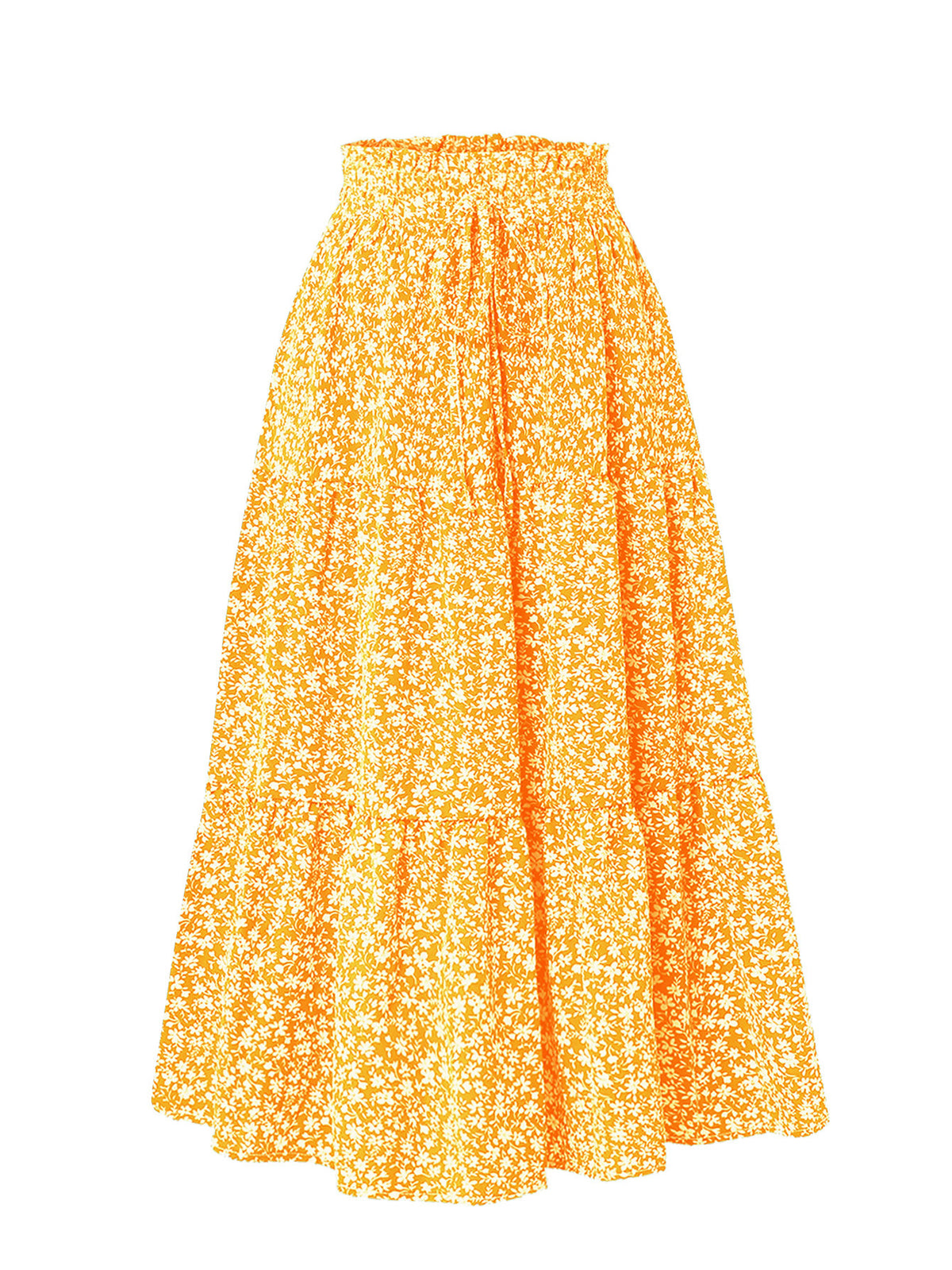 Drawstring Waist Tiered Maxi Skirt - Yellow_Flower