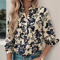 Floral Print Split Neck Blouson Sleeve Shirt - Darkblue