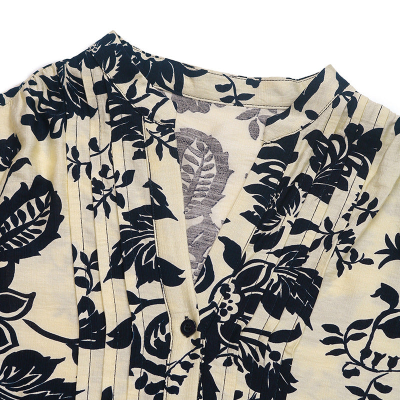 Floral Print Split Neck Blouson Sleeve Shirt - Darkblue - 2