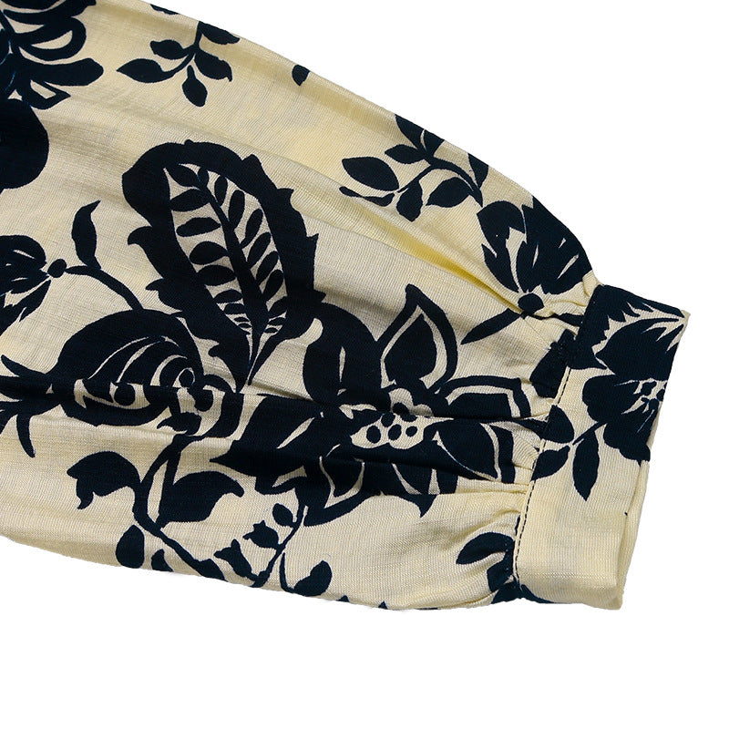 Floral Print Split Neck Blouson Sleeve Shirt - Darkblue - 3