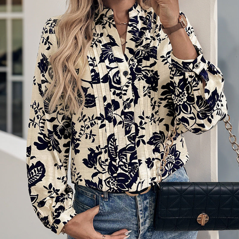 Floral Print Split Neck Blouson Sleeve Shirt - Darkblue - 6