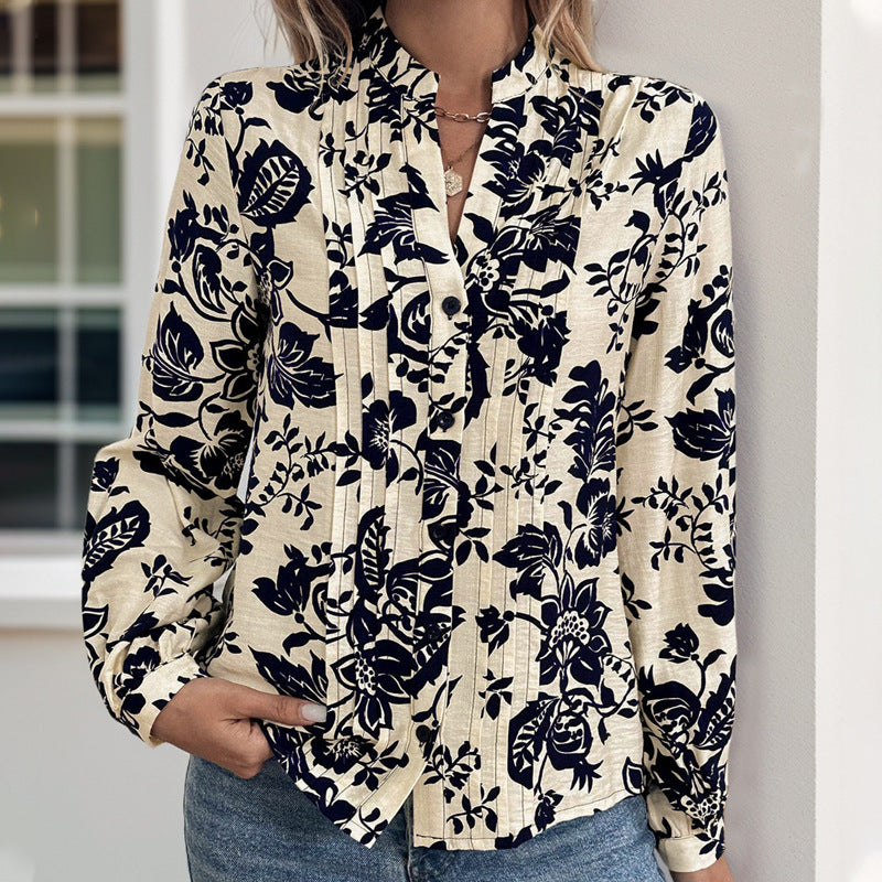 Floral Print Split Neck Blouson Sleeve Shirt - Darkblue - 7