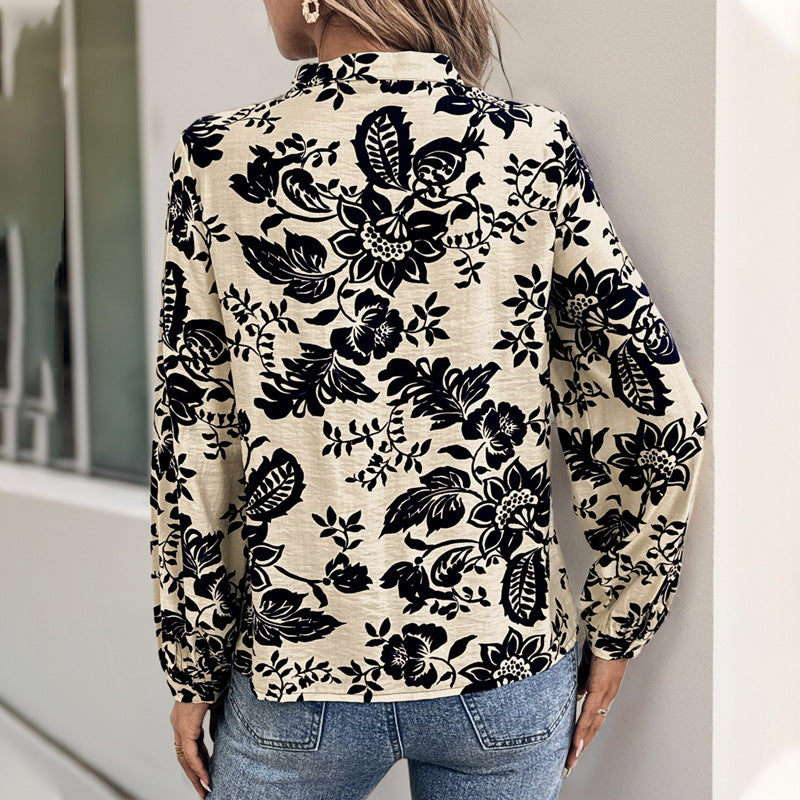 Floral Print Split Neck Blouson Sleeve Shirt - Darkblue - 8