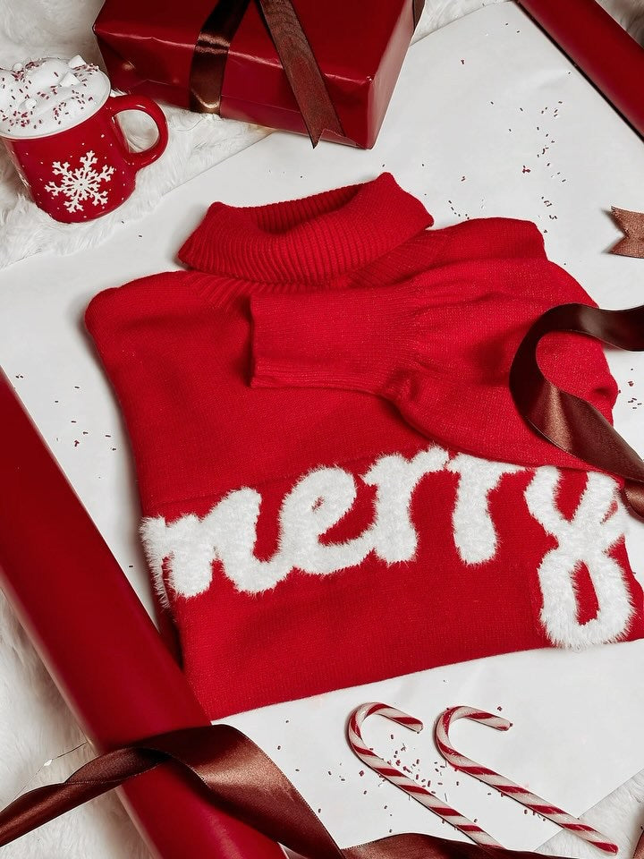 Merry Script Mock Neck Christmas Sweater - Red - 1