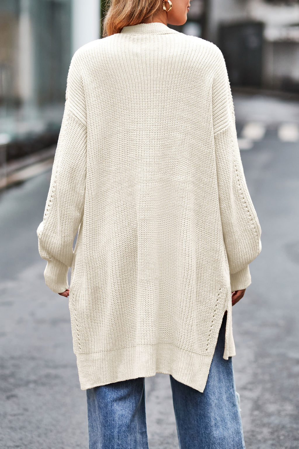 Slouchy Puff Sleeve Longline Knit Cardigan - Beige - 3