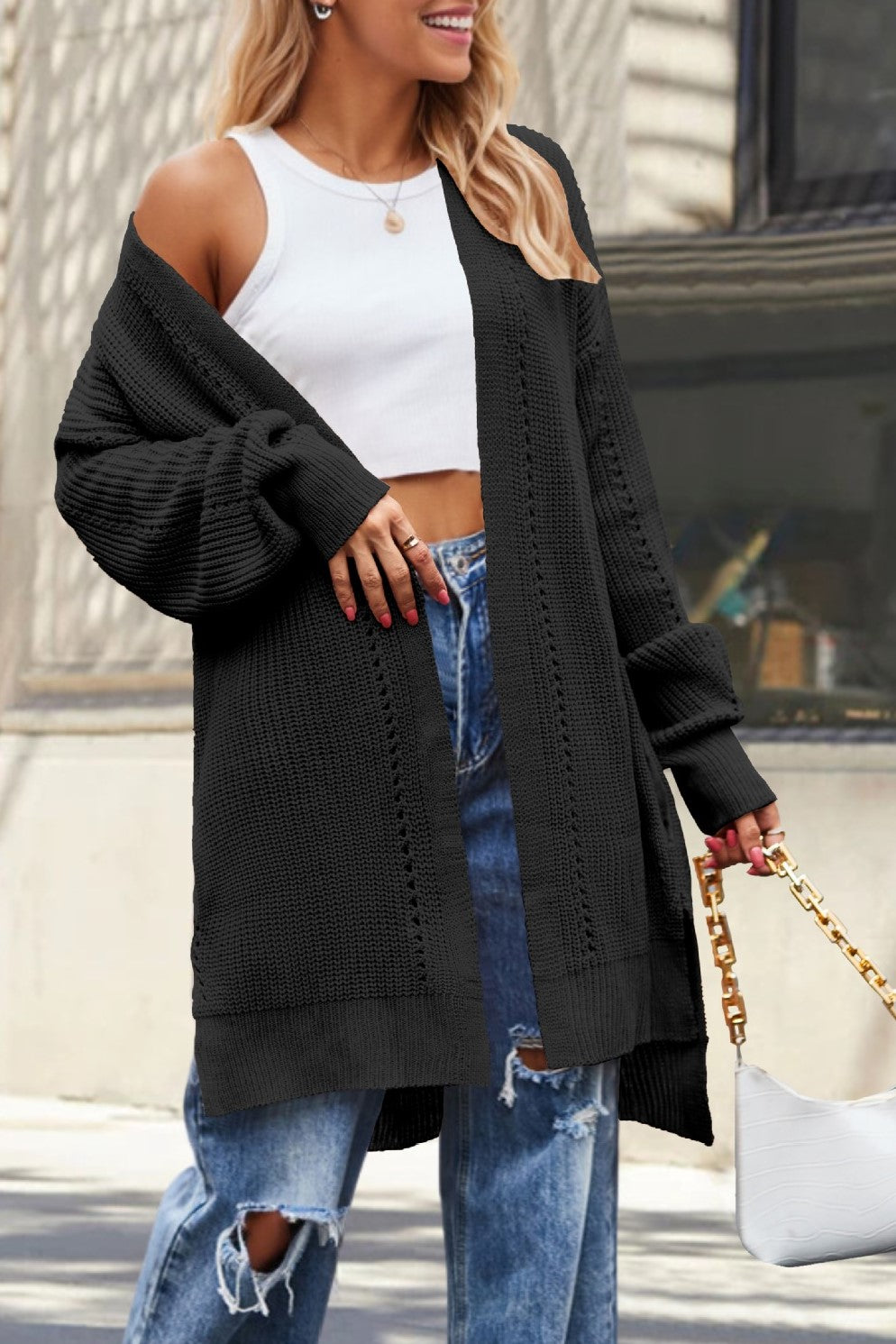 Slouchy Puff Sleeve Longline Knit Cardigan - Black