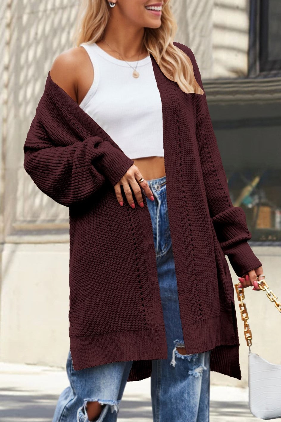 Slouchy Puff Sleeve Longline Knit Cardigan - Burgundy
