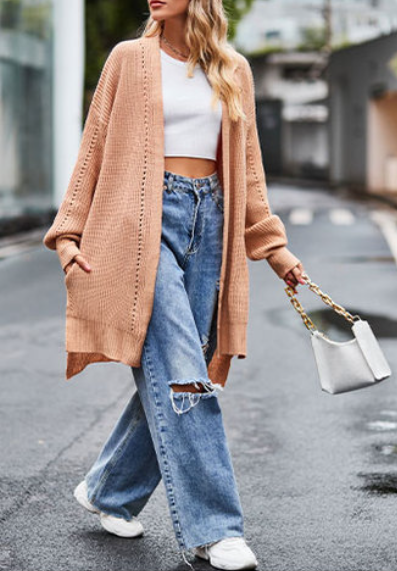 Slouchy Puff Sleeve Longline Knit Cardigan - Clay - 2