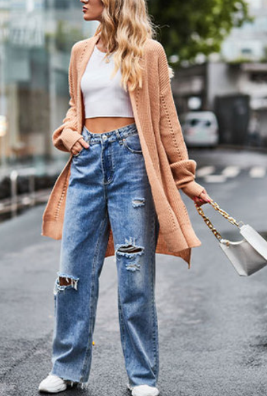 Slouchy Puff Sleeve Longline Knit Cardigan - Clay - 3
