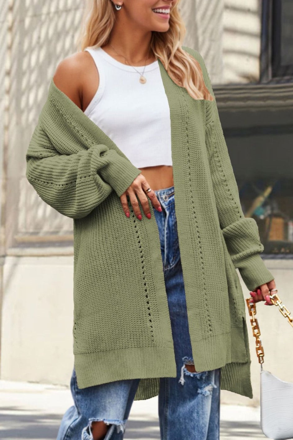 Slouchy Puff Sleeve Longline Knit Cardigan - Green