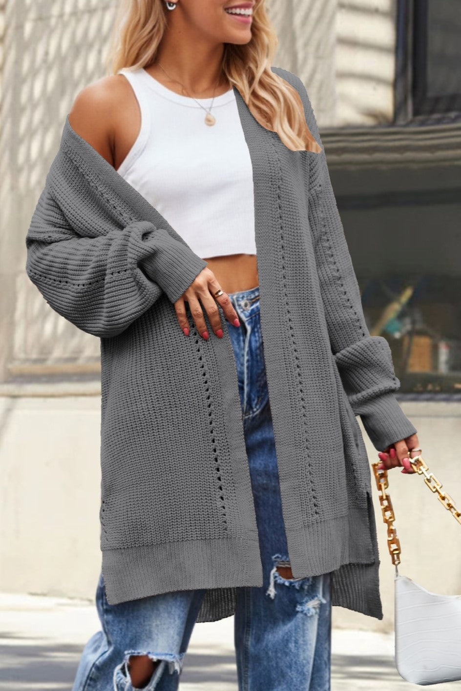 Slouchy Puff Sleeve Longline Knit Cardigan - Grey
