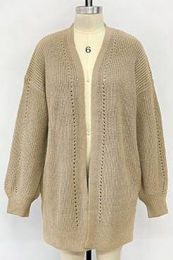 Slouchy Puff Sleeve Longline Knit Cardigan - LT-Taupe - 1